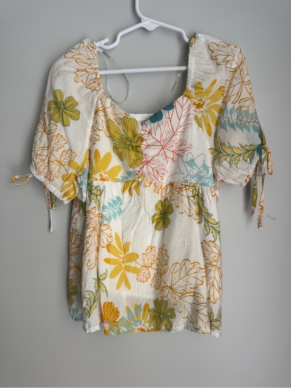 Hayden Girls Ivory Floral Puff-Sleeve Tunic with Yellow and Green Accents